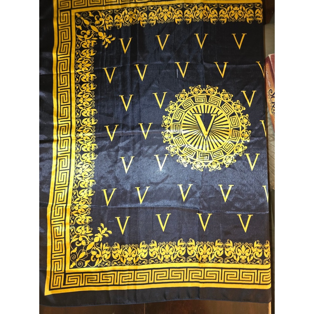 Black Gold Baroque V Monogram Square Scarf Greek Key Border 36x35 - Picture 2 of 5